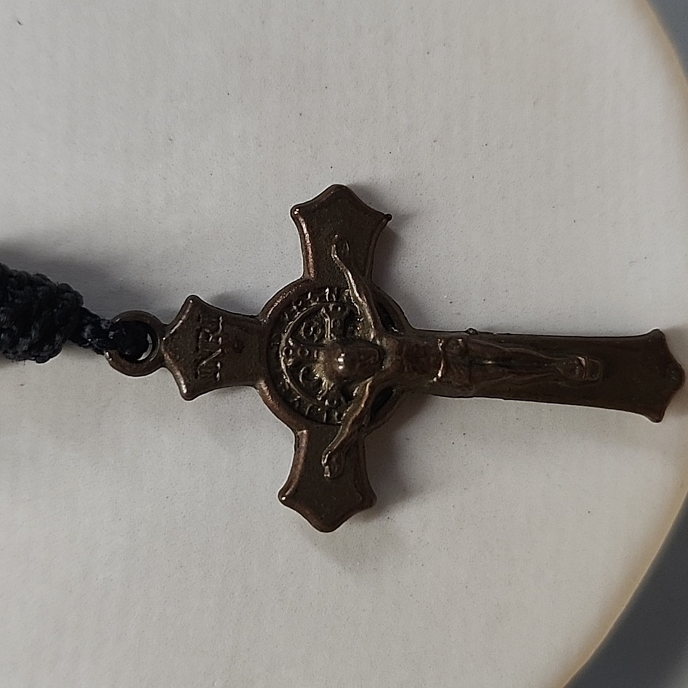 Catholic Rosary Necklace Saint Benedict Crucifix Ruega Por Nosotros Black Beaded